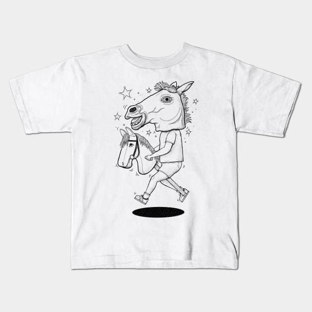 Surreal Hobby Horse Show Jumping Kid Black and White Kids T-Shirt by RGB Ginger